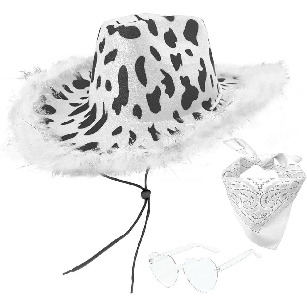Cow Print Cowboy Hat Set with Feathers Sunglasses Bandana for Western Party